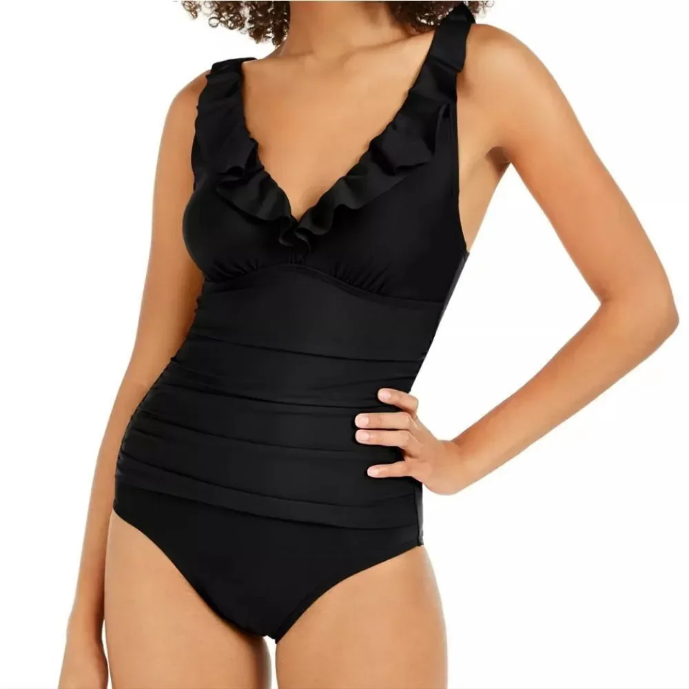 DKNY Women's Black Ruffle Underwire Tummy Control One-Piece Swimsuit Size Small